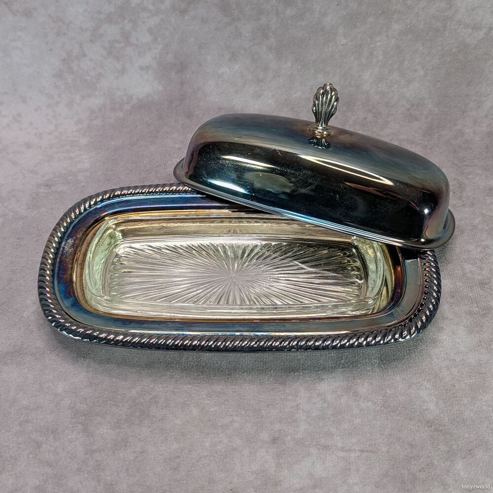WM Rogers Silver Plated Butter Dish Set Rope Tray Glass Insert Cover